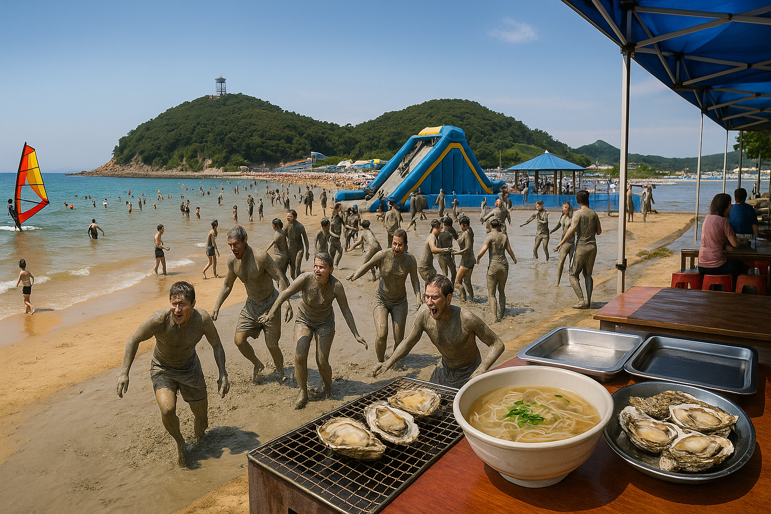푸른 바다에서 윈드서핑과 해수욕을 즐기는 사람들 사이로 머드 축제 참가자들이 진흙탕을 누비고, 해안가 노천 테이블엔 굴구이와 청소국수가 놓인 여름 풍경