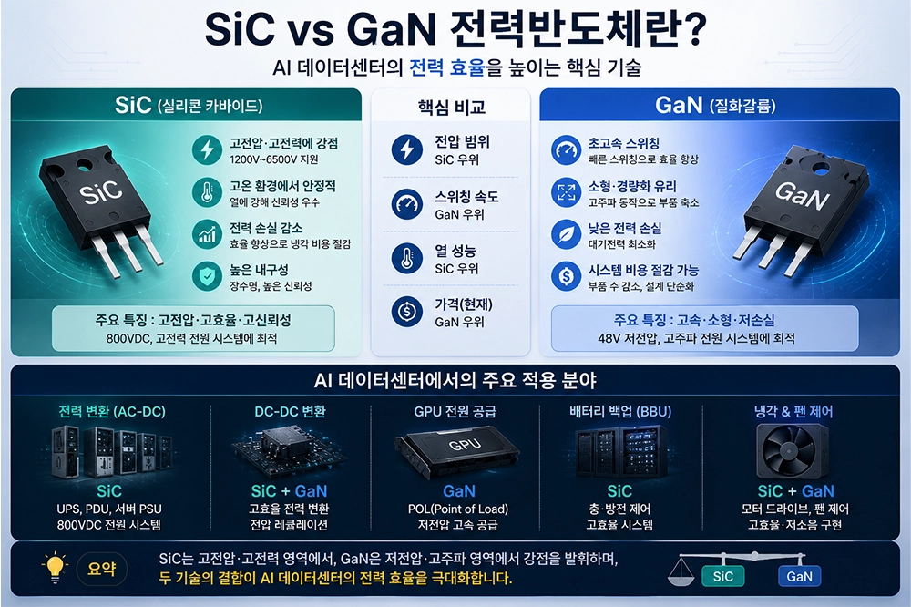 AI 데이터센터에서 사용되는 SiC와 GaN 전력반도체의 특징과 적용 분야를 비교한 인포그래픽 이미지
