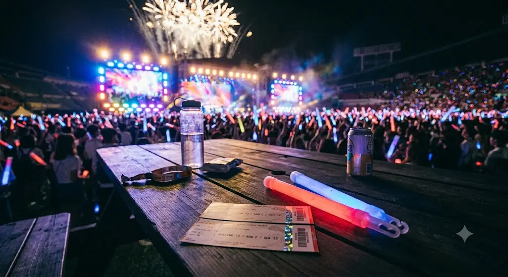 콘서트 티켓과 야광 응원봉이 함께 놓인 여름밤 테이블 정물 사진