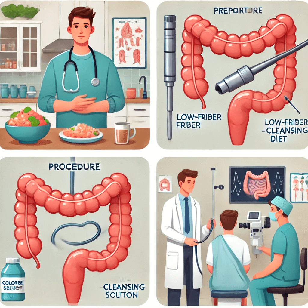 대장내시경 준비와 절차,결과까지 일련의 과정들을 표현한 이미지