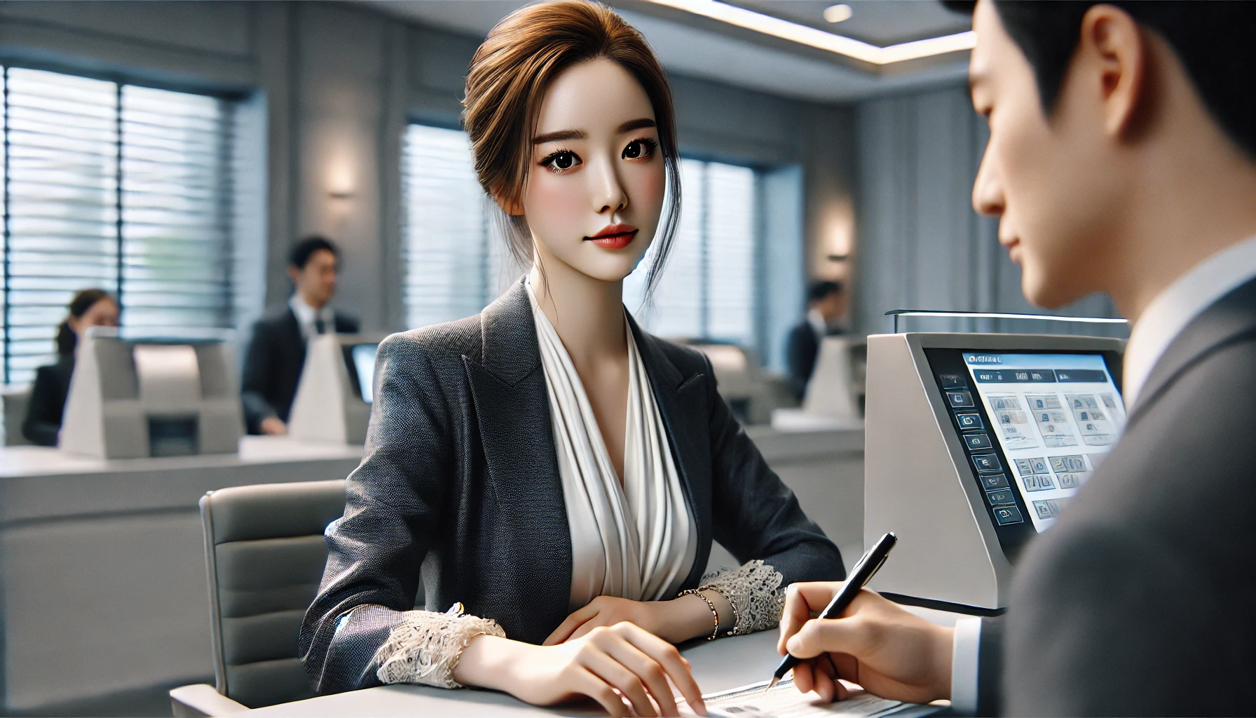 은행 업무를 보는 미인