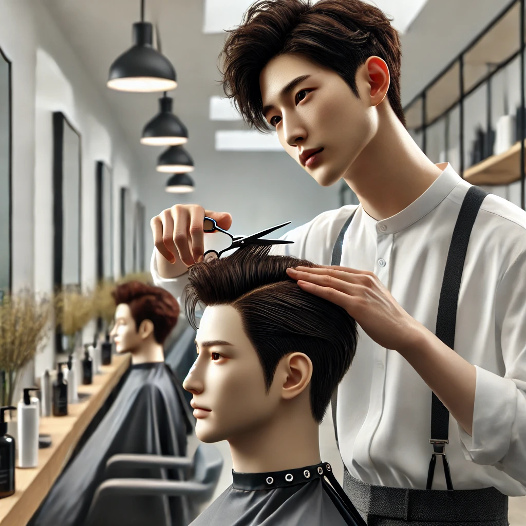 미용사가 밝고 현대적인 미용실에서 마네킹 머리를 정교하게 커트하며 실습하는 모습. 집중된 분위기와 전문적인 태도가 돋보임