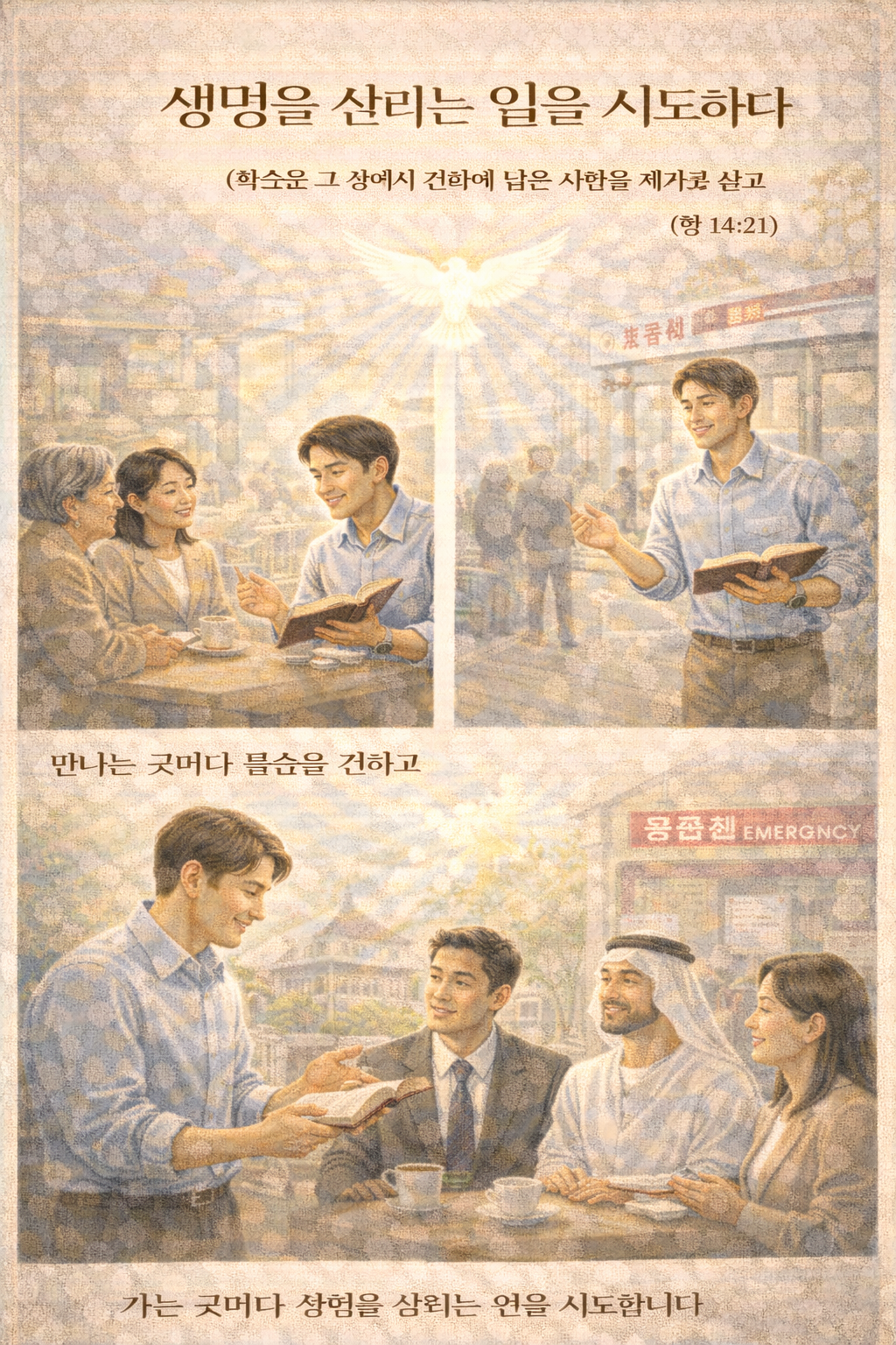 행 14:21 말씀을 보며&amp;#44; 가는 곳마다 기쁨의 소식&amp;#44; 좋은 소식&amp;#44; 복음을 전하며 생명을 살리는 일에 드려질 것이 도전되었고&amp;#44; 오늘도 만나고 가는 곳에서 복음을 전하며 생명을 살리는 일을 시도를 하는 모습입니다.