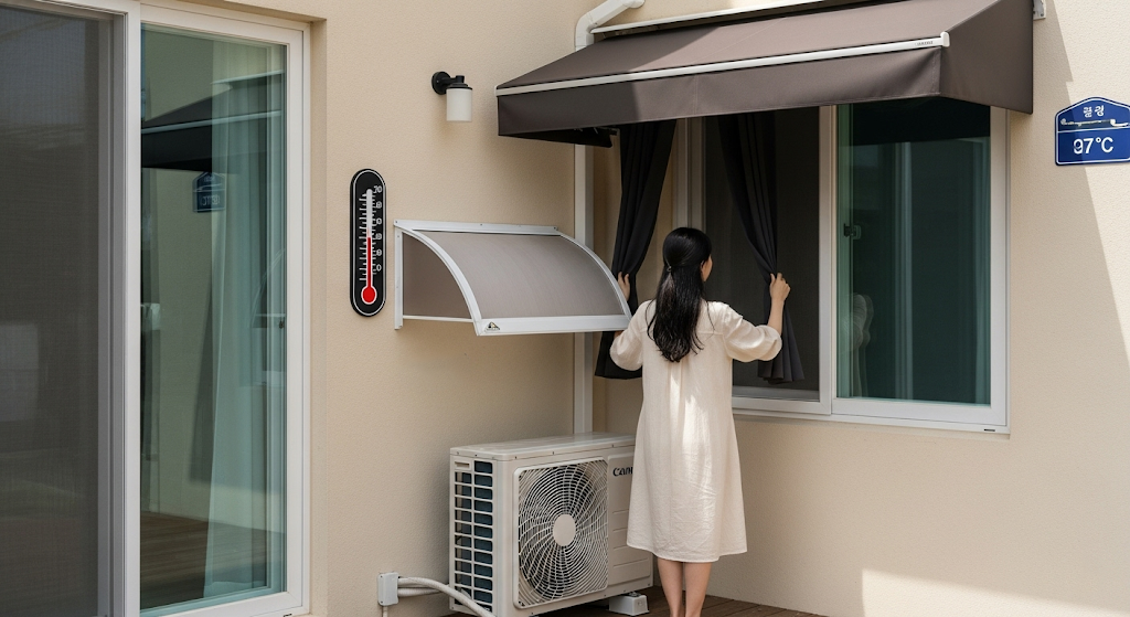 햇볕 강한 오후, 암막커튼을 조절하는 한국 여성과 정리된 실외기, 위에는 차양막 설치된 장면