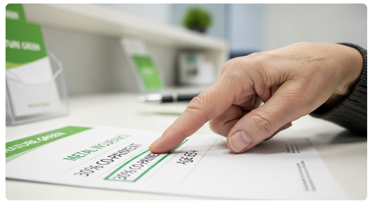 노인이 치과 보험 임플란트 안내문의 본인 부담금 30% 부분을 손가락으로 가리키며 혜택을 확인하는 모습. 깔끔한 치과 접수대가 배경에 있습니다.