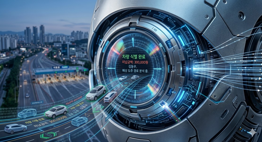 인공지능 로봇의 눈을 형상화하여 그 안에 도로 위 차량들의 데이터가 흐르는 창의적인 아트