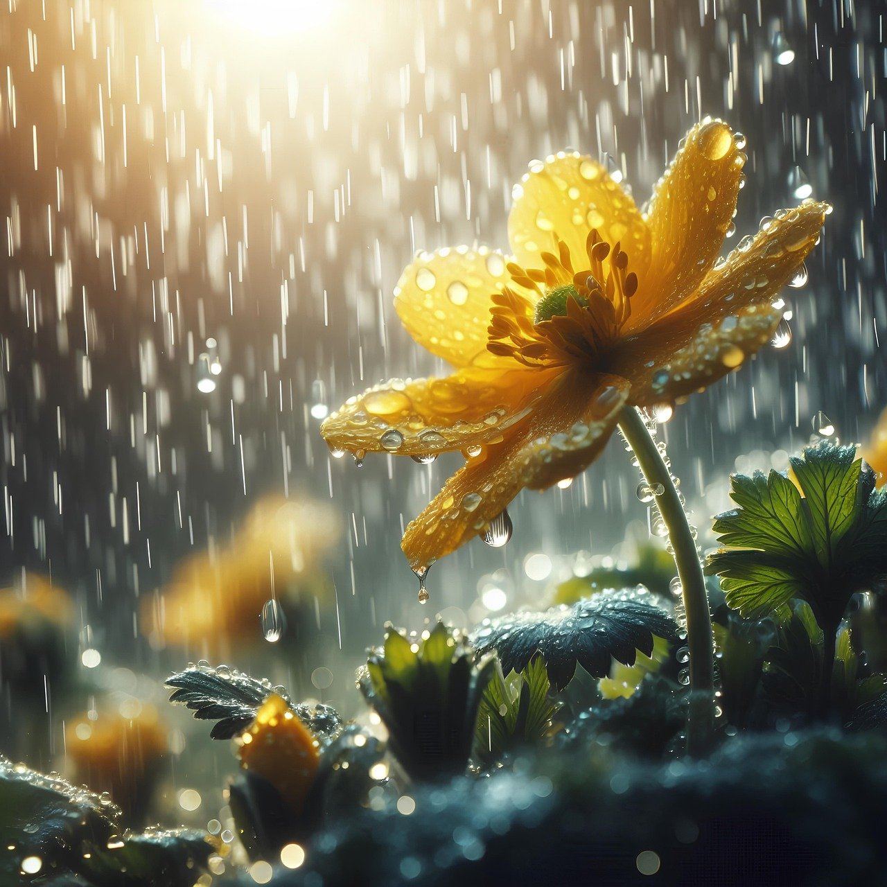 비를 맞고있는 꽃