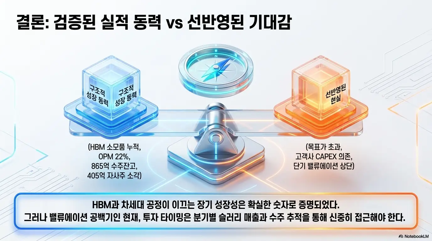 케이씨텍 주가 전망을 검증된 실적 동력과 선반영된 기대감의 균형으로 정리한 인포그래픽. HBM 소모품 누적, 영업이익률 22퍼센트, 수주잔고 865억 원, 자사주 소각이라는 성장 동력과 고객사 의존·밸류에이션 부담이라는 리스크를 저울로 비교해 신중한 접근 필요성을 시각적으로 설명함.
