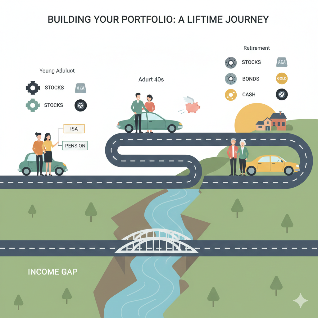 연령별 ETF 자산배분 비율과 주식 채권 금 현금의 역할을 자동차 부품으로 비유한 금융 인포 그래픽