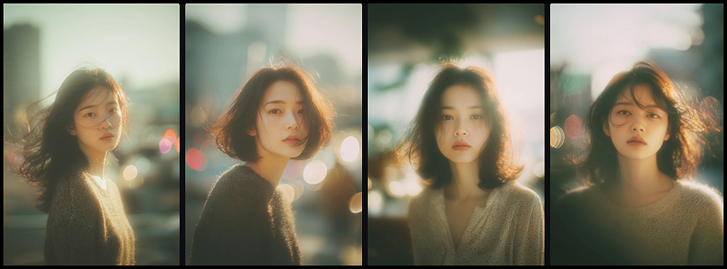 Style Reference 이미지와 P 코드를 함께 사용해, 동일한 질감과 감성 톤을 유지하며 생성한 포트레이트 무드보드 예시 이미지_Midjourney