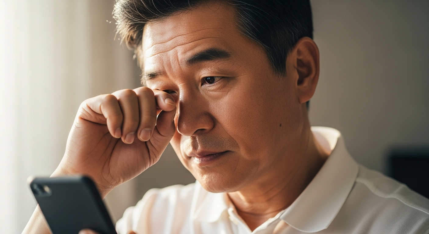남성이 스마트폰 사용 후 눈을 비비는 모습