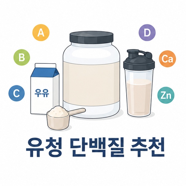 우유와 단백질 분말, 쉐이커를 이용해 유청 단백질을 선택하는 기본 기준을 소개하는 그림