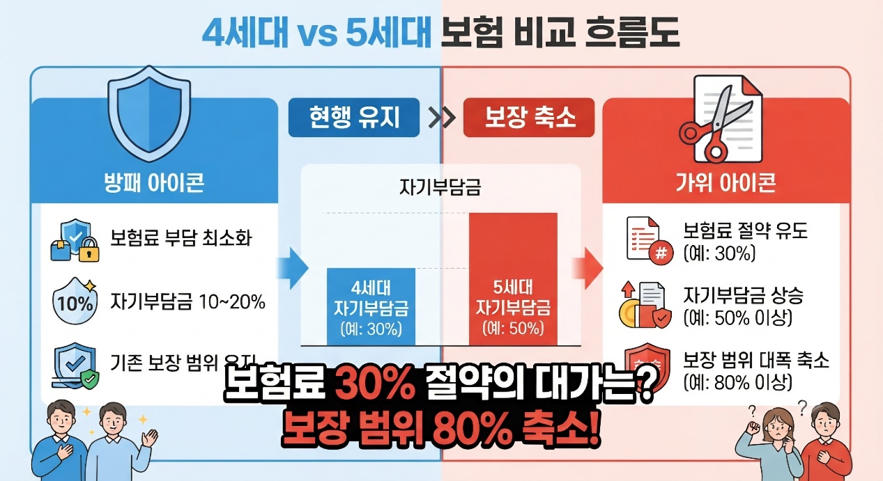 4세대 실손보험과 5세대 실손보험의 비급여 자기부담금 및 보장 한도 비교 분석 흐름도