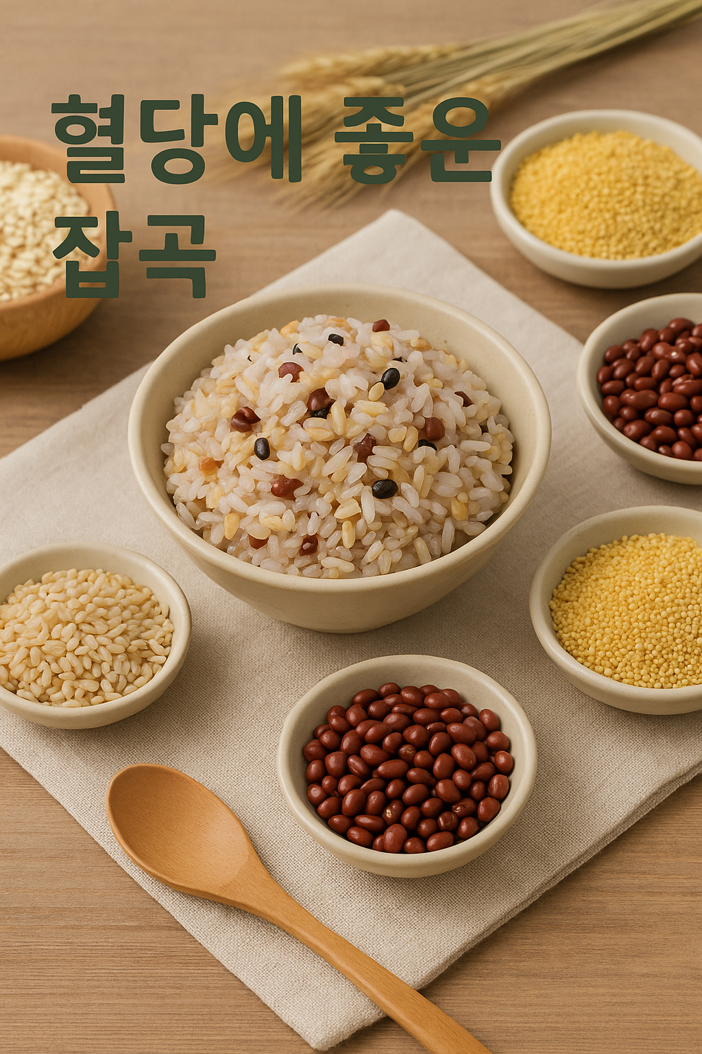 따뜻한 햇살이 비치는 나무 식탁 위에 현미, 보리, 귀리, 팥, 기장 등 다양한 잡곡이 그릇에 담겨 있고, 중앙에는 잡곡밥 한 그릇이 놓여 있다. 옆에는 나무 숟가락이 올려져 있으며, 전체적으로 건강하고 자연스러운 분위기의 실사풍 이미지.