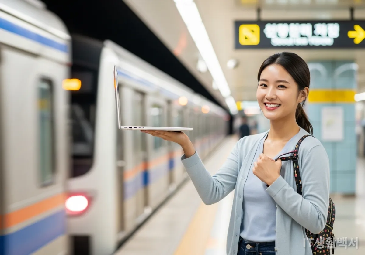 서울 지하철역에서 여대생이 한 손으로 가볍게 얇은 노트북을 들고 있는 모습