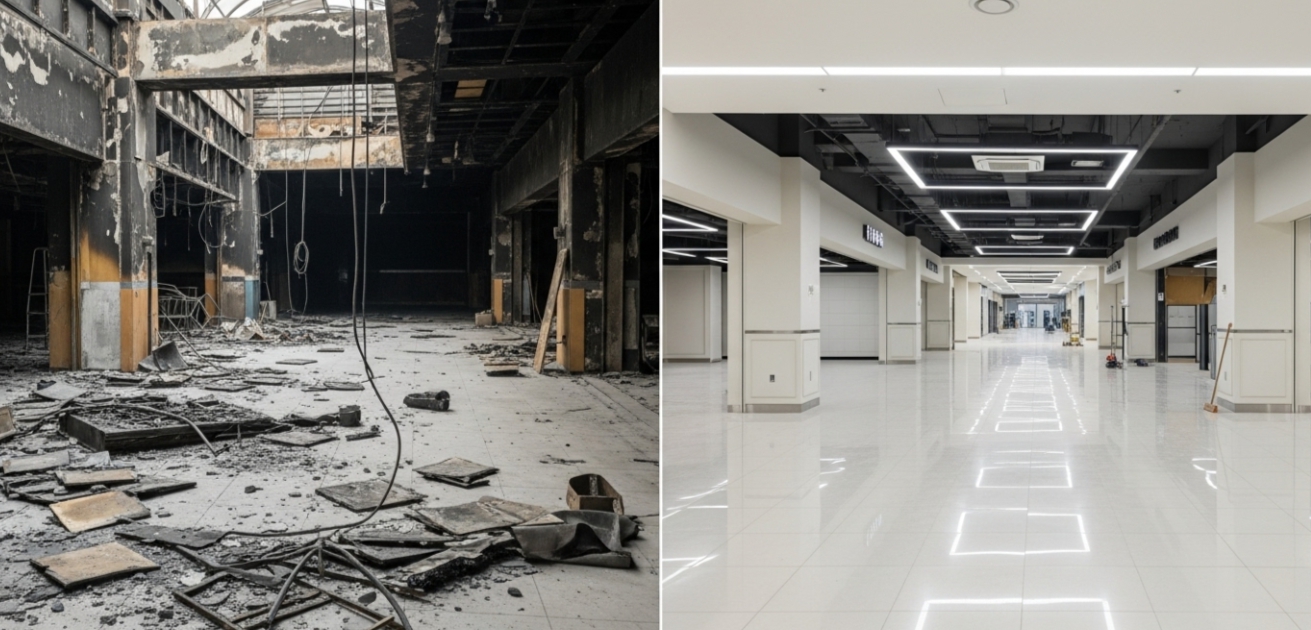 복합상가 화재 전 후 인테리어까지 한 모습