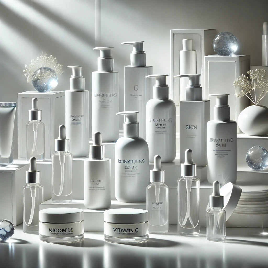 미백 스킨케어 제품들의 진열 이미지. 나이아신아마이드와 비타민 C가 함유된 세럼, 크림, 로션의 우아한 포장이 강조된 장면