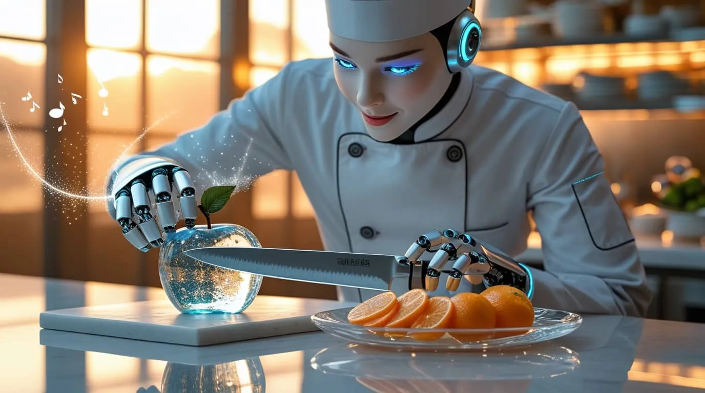 AI 로봇 셰프가 현대적인 주방에서 투명한 유리 사과를 요리용 칼로 정밀하게 준비하는 모습을 보여주는 대표 이미지. 하얀 셰프복을 입은 로봇이 전문적인 음식 준비 기술을 시연하며, 주변에 음표가 떠다니는 ASMR 효과와 함께 고급 레스토랑 주방 환경에서 유리 과일 요리를 만들고 있다. 이 이미지는 VEO3 AI 영상 생성 기술과 유리과일 먹방 트렌드를 상징적으로 표현하며, 블로그의 AI 요리 기술과 혁신적인 음식 제작 과정을 시각화함 (AI robot chef glass fruit cooking VEO3 culinary technology food preparation)
