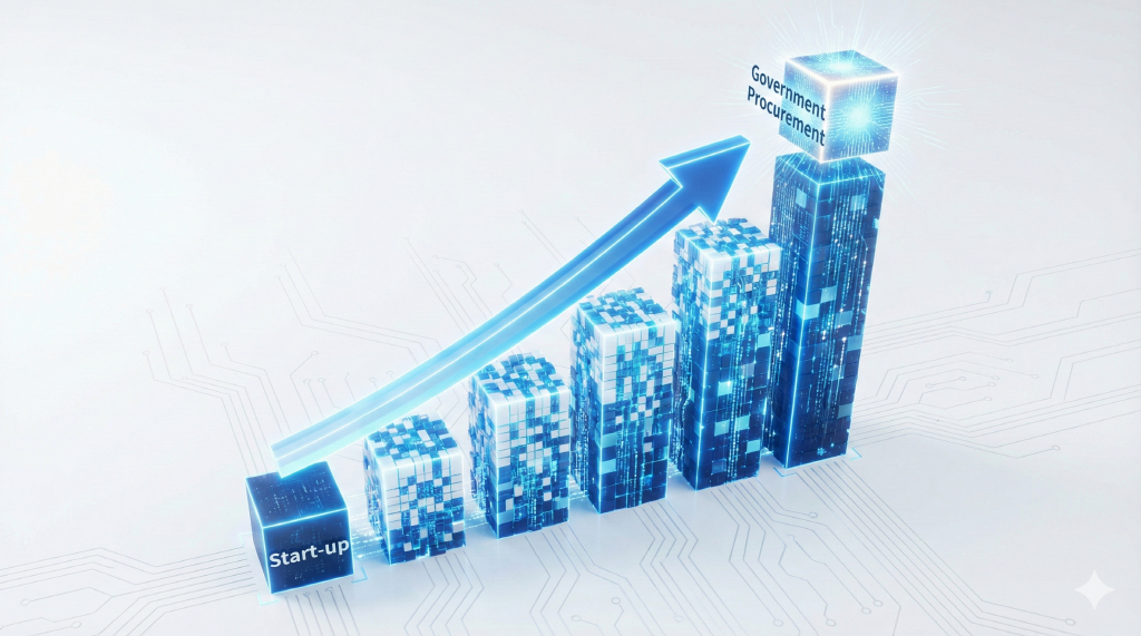 AI 교육 소프트웨어 시장의 성장과 공공 조달 진입 기회를 표현한 상승 그래프