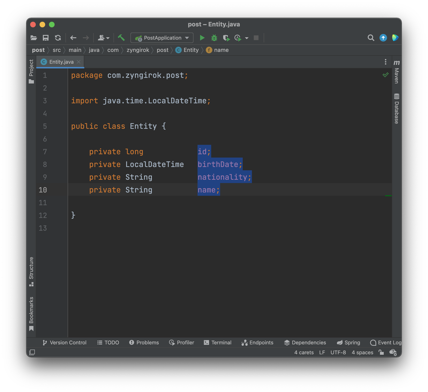 인텔리제이에서-옵션키를-누른상태로-블록설정을-하면-마우스가 시작된-부분부터-표의-열처럼-선택이-된다.