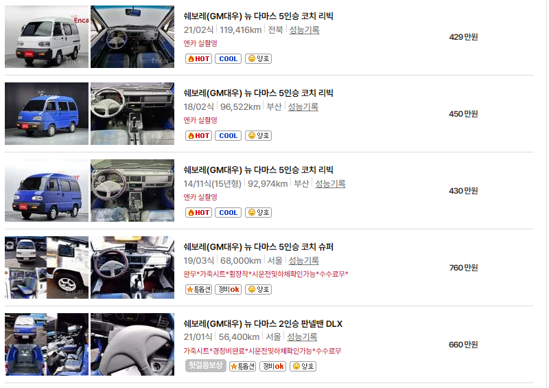 쉐보레 다마스 중고차 가격 시세표 24년 10월