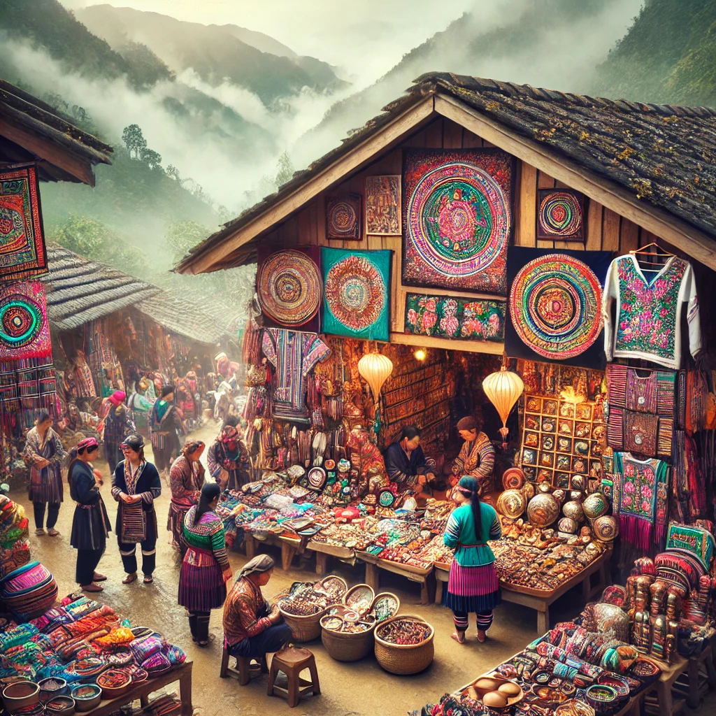 사파 로컬 시장의 전경과 전통 기념품을 파는 상점들