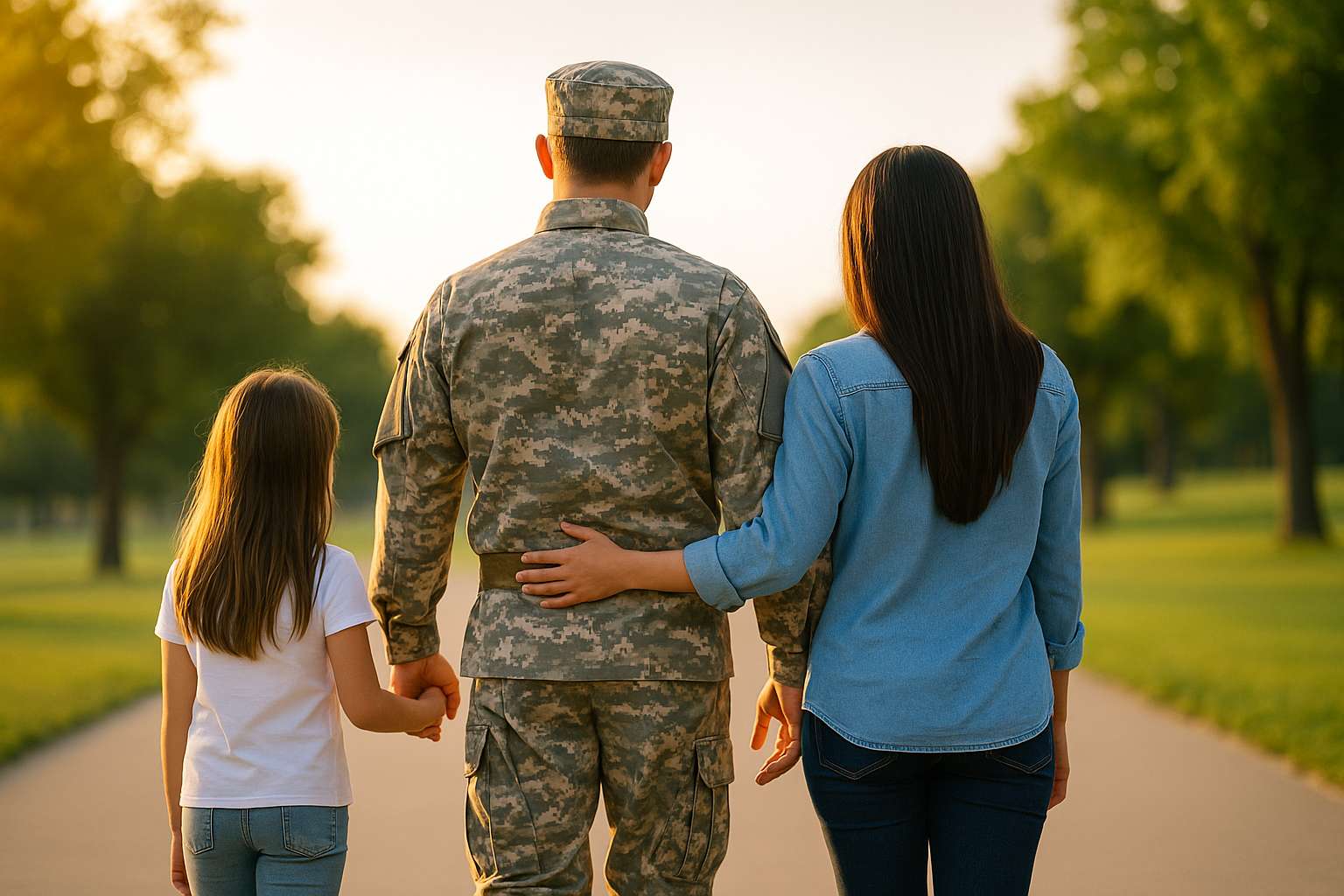 전역 군인이 가족과 함께 산책하는 모습, 노후 준비를 상징하는 따뜻한 이미지