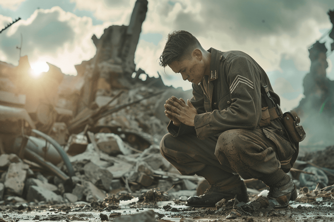 폐허가-된-전쟁터에-앉아-기도하는-군인