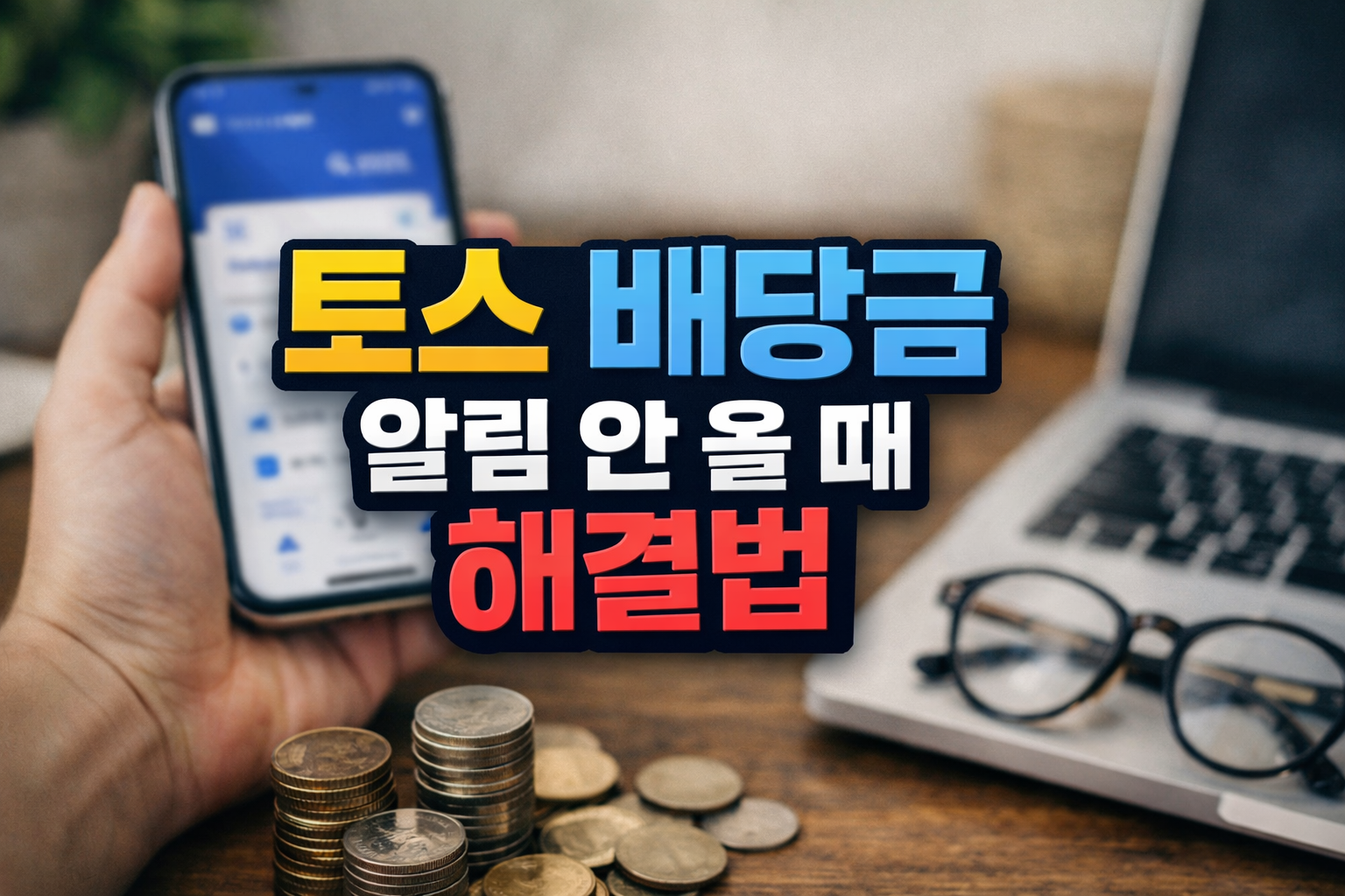 토스증권 배당금 알림이 오지 않을 때 스마트폰 앱으로 입금 내역을 확인하는 장면, 책상 위 동전과 노트북이 함께 보이는 금융 관리 이미지
