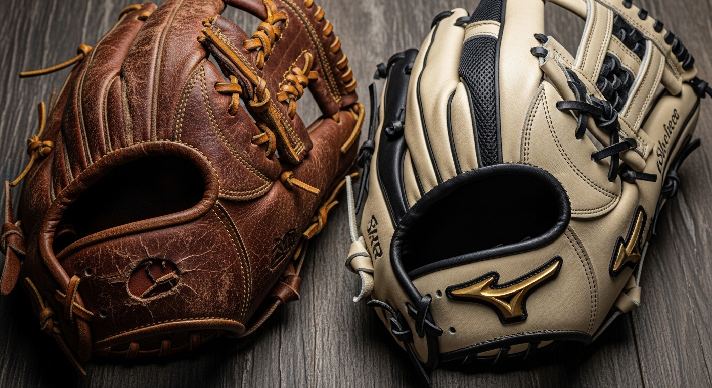 오래된 야구 글러브와 최신 기술이 적용된 글러브가 대비되어 장비의 발전을 강조하는 모습