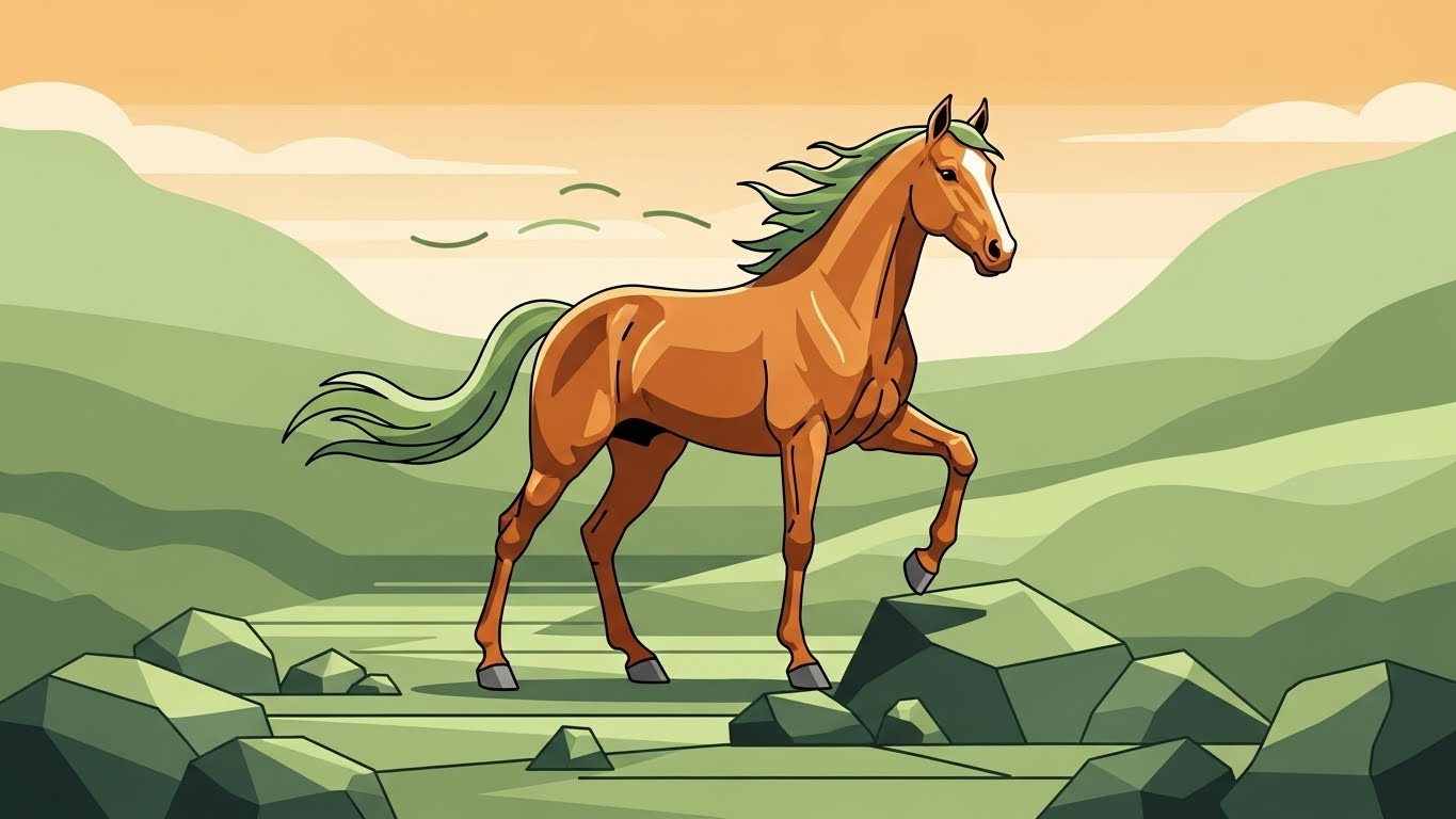 거센 바람 속에서도 바위 위에서 굳건하게 중심을 잡고 성실한 노력을 다짐하는 말띠의 역동적인 일러스트