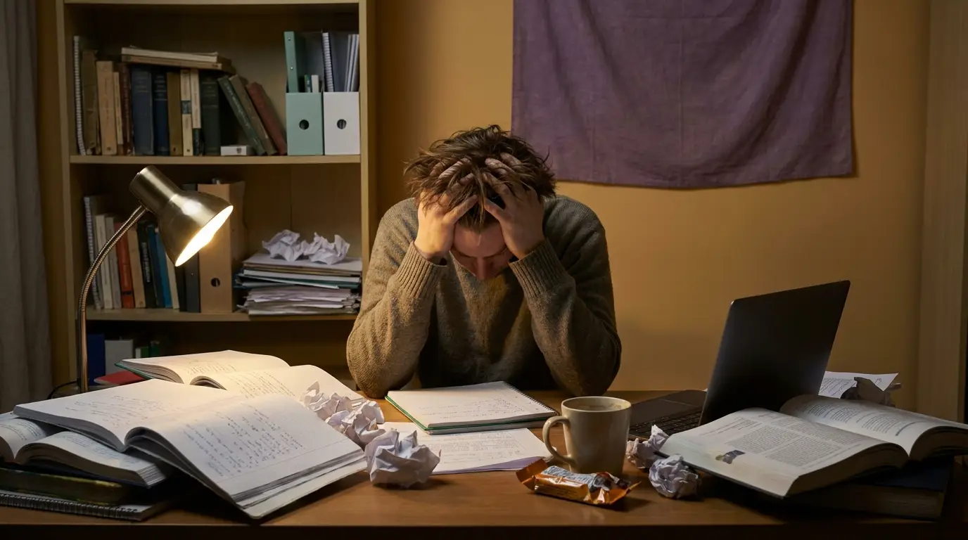 책상에 앉아 완벽주의로 인한 학습 슬럼프에 지쳐 좌절하는 사람