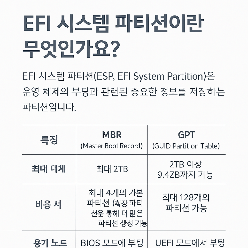 EFI 시스템 파티션과 MBR/GPT 구분을 설명하는 이미지