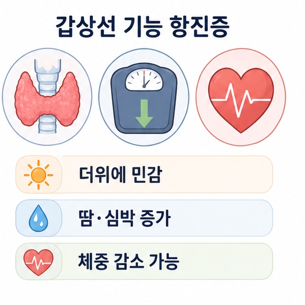 갑상선 기능 항진증으로 더위 민감, 발한, 빠른 심박과 체중 감소가 나타날 수 있음을 정리한 이미지