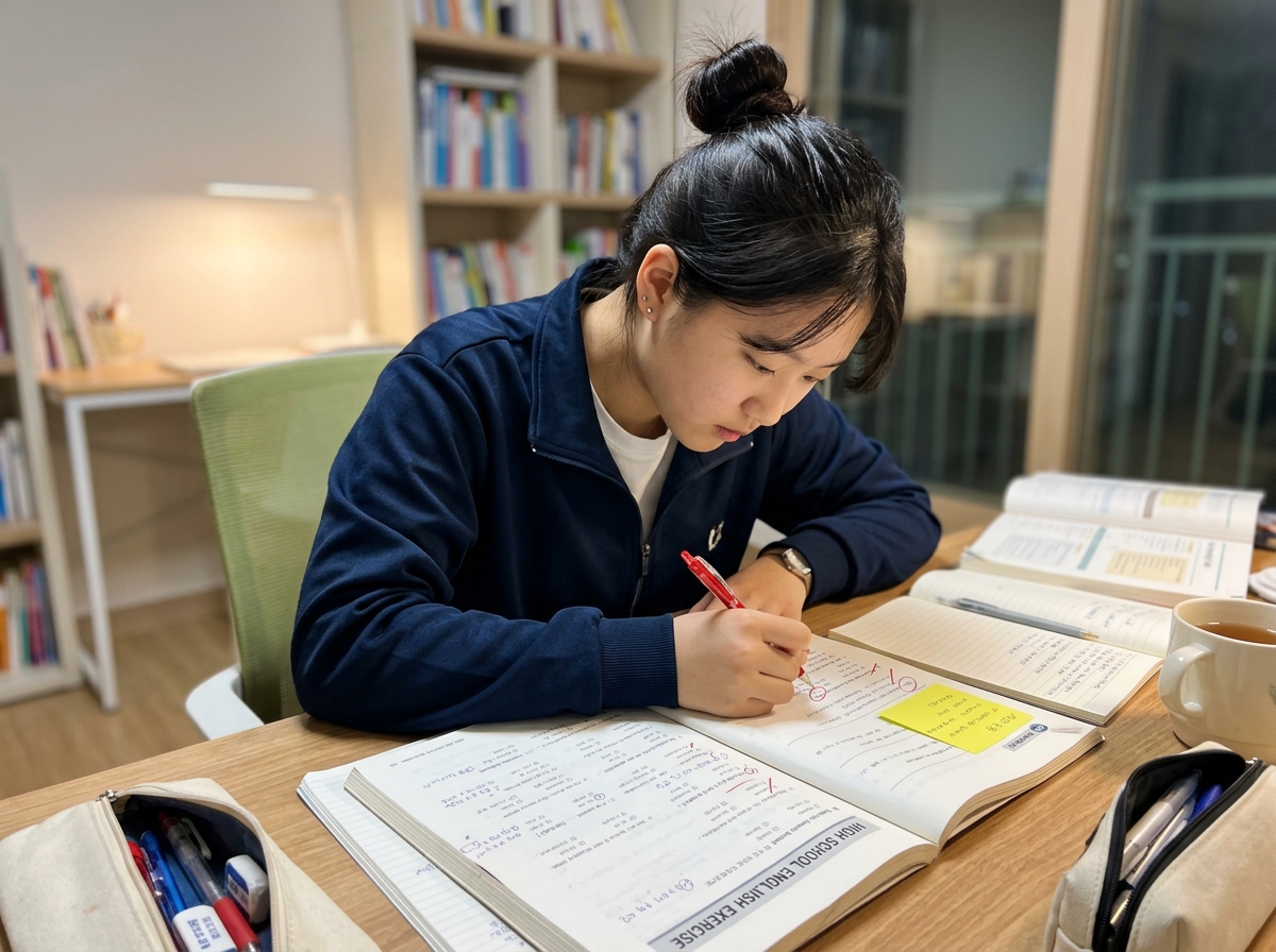영어 오답을 분석하며 주간 학습 목표를 설정하는 학생