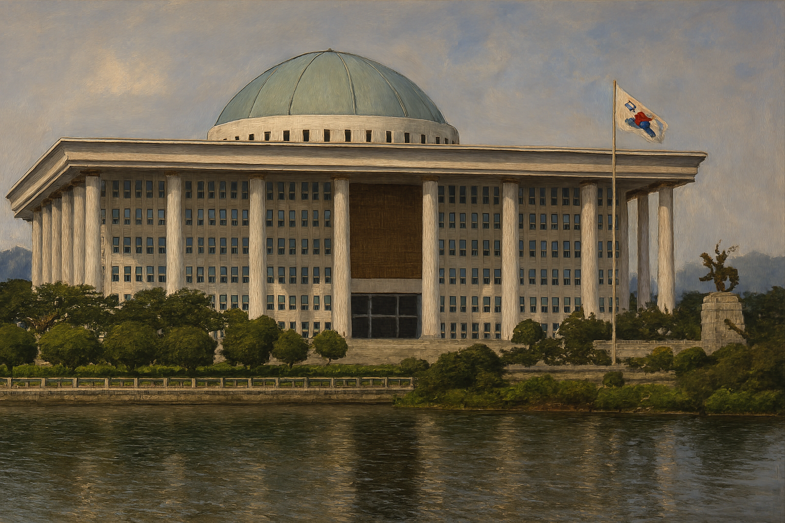 서울 여의도에 위치한 국회의사당을 Copilot 생성 이미지로 녹색 돔과 웅장한 기둥, 주변의 물과 녹지의 이미지입니다.