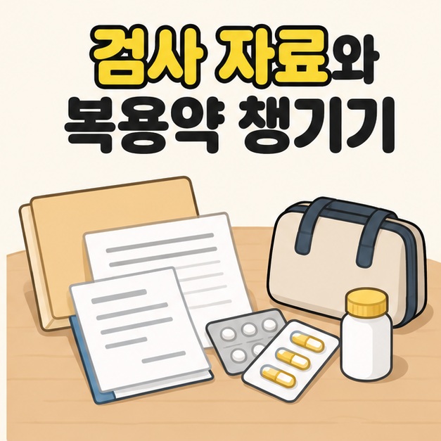 검사 자료와 복용약 챙기기라는 문구 아래 서류 봉투와 기록지, 알약 포장, 약병과 가방을 놓은 그림