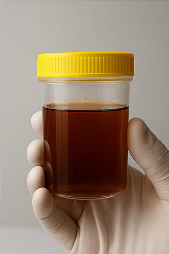 장갑 낀 손이 노란 소변이 담긴 용기에 시험지를 담그고 있는 모습