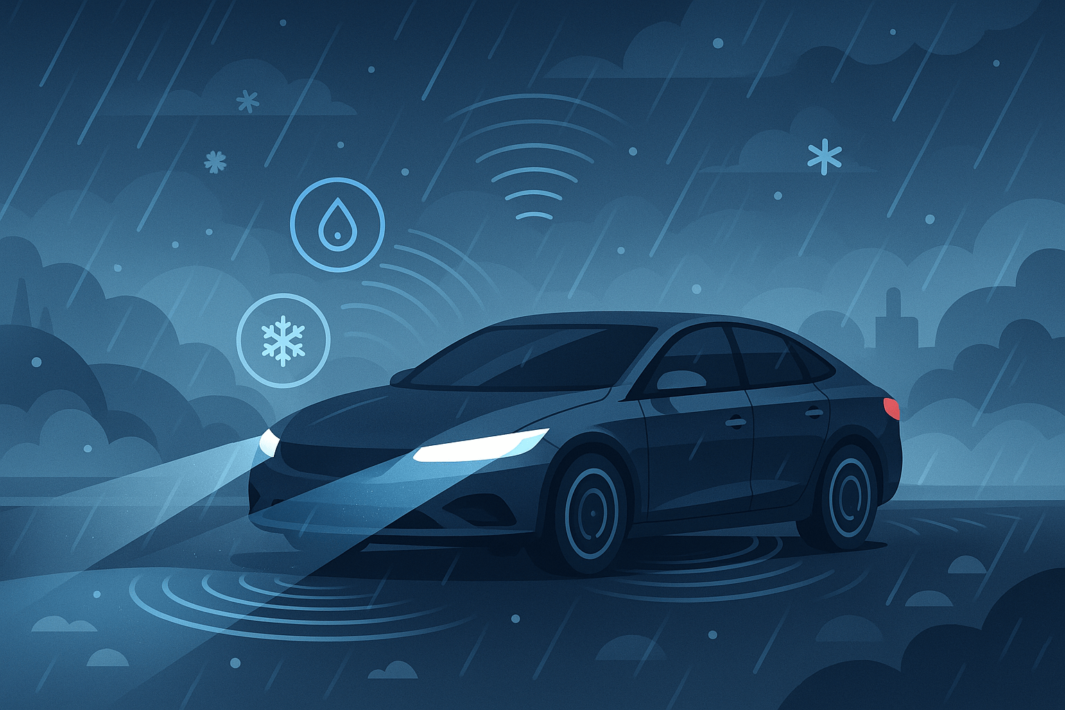 자율주행차가 비, 눈, 안개 등의 악천후 속에서도 안전 주행을 위해 센서와 기술을 사용하는 장면을 묘사한 이미지. 사람은 등장하지 않고, 차량 중심. 썸네일용으로 깔끔하고 미래적인 느낌.