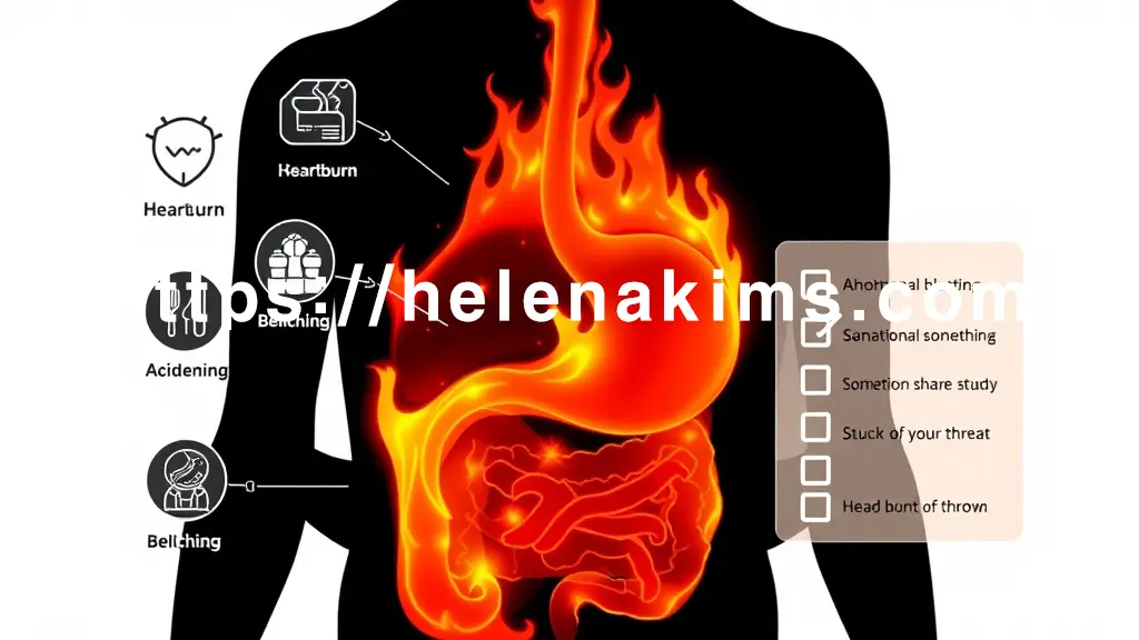 위와 식도 부위에 붉게 타오르는 불꽃과 산성 액체가 역류하는 유선형 흐름 표현. 주변에 속쓰림, 복부 팽만감, 신트림, 목 이물감을 상징하는 아이콘들이 떠다니는 이미지.