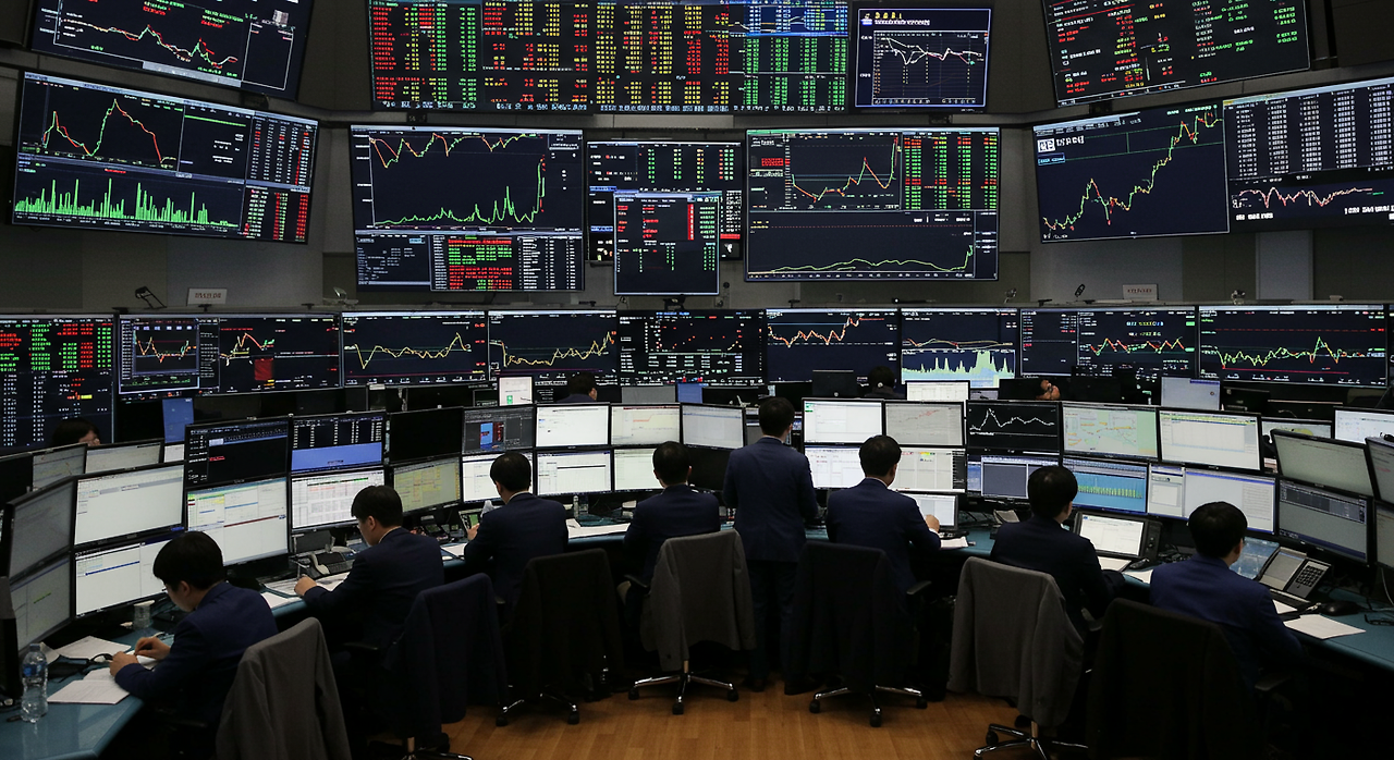 한국 주식 시장의 거래소 풍경과 상승하는 주식 차트를 지켜보는 투자자들