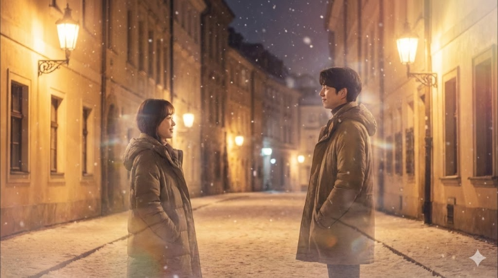 마지막 장면, 눈 내리는 거리 혹은 두 사람이 재회하거나 서로를 떠올리는 듯한 몽환적인 엔딩 컷