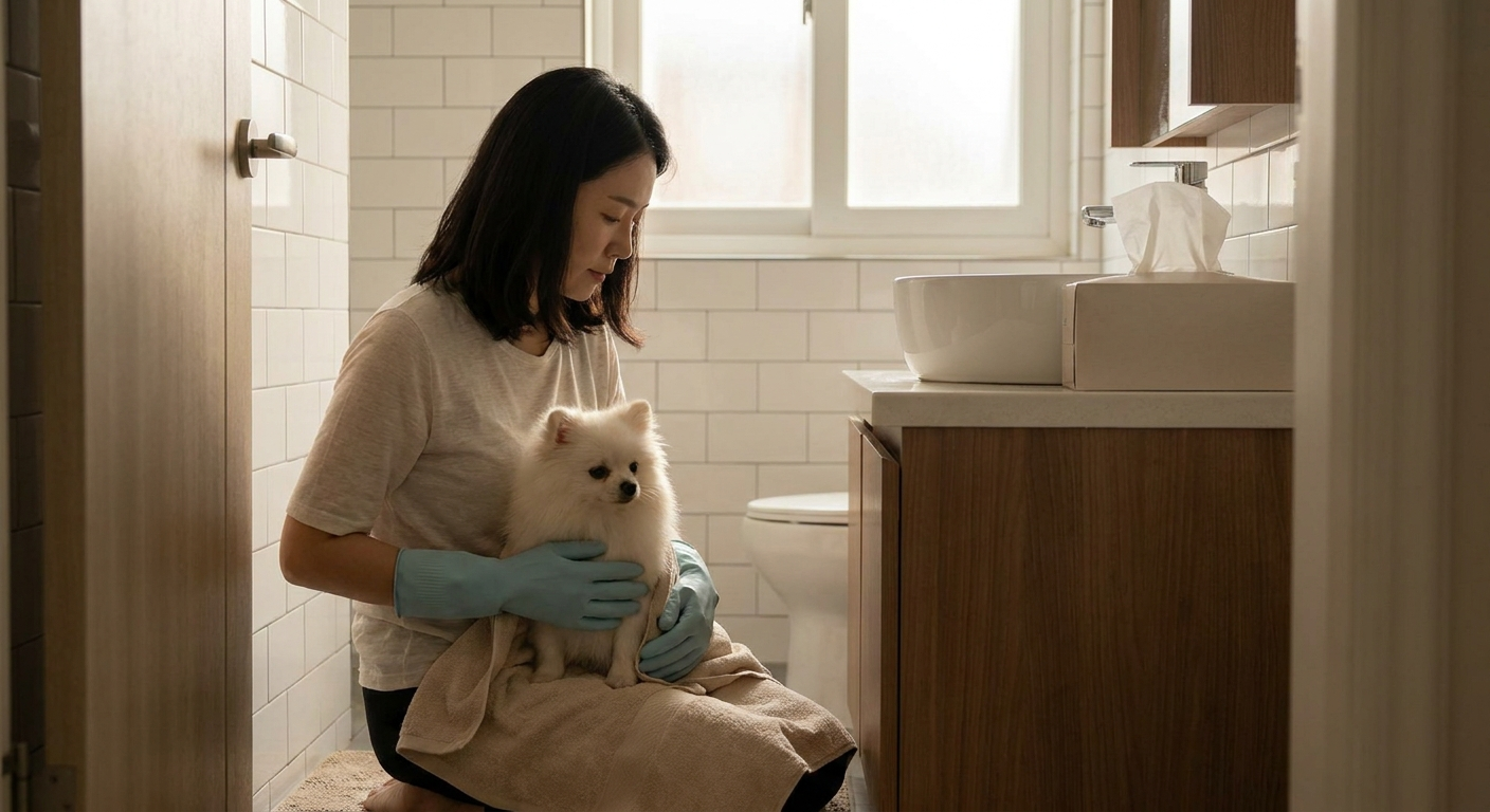 장갑을 끼고 강아지를 안은 반려인