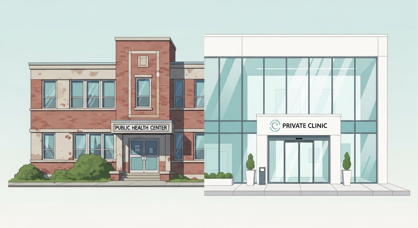 보건소와 일반 의원 건물을 비교하는 그림