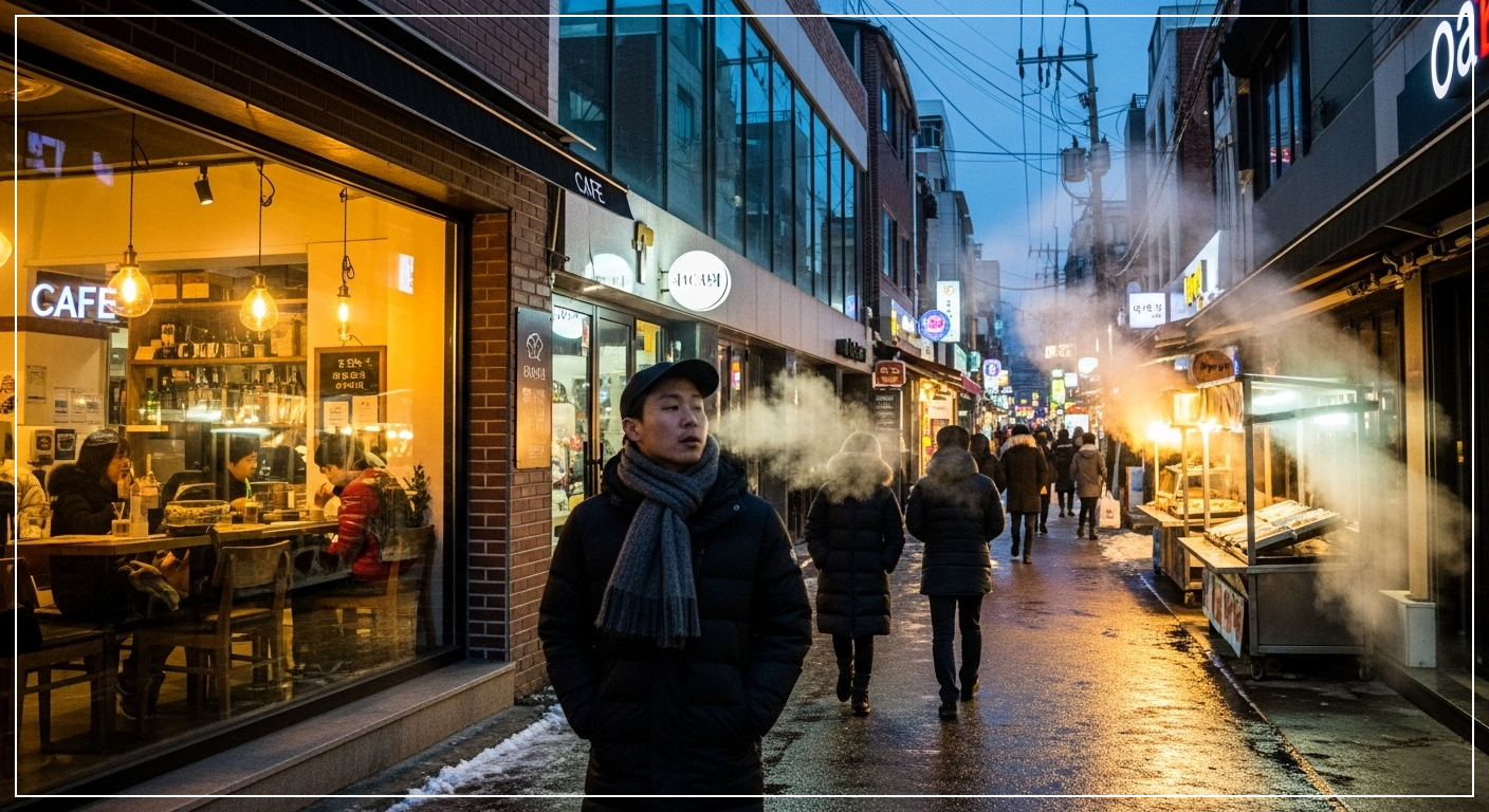 겨울 골목에서 숨결이 하얗게 퍼지고 카페 창문 속 따뜻한 불빛이 비치는 겨울 산책 풍경