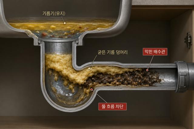 기름 뜬 국물 버리기 싱크대 막힘 예방