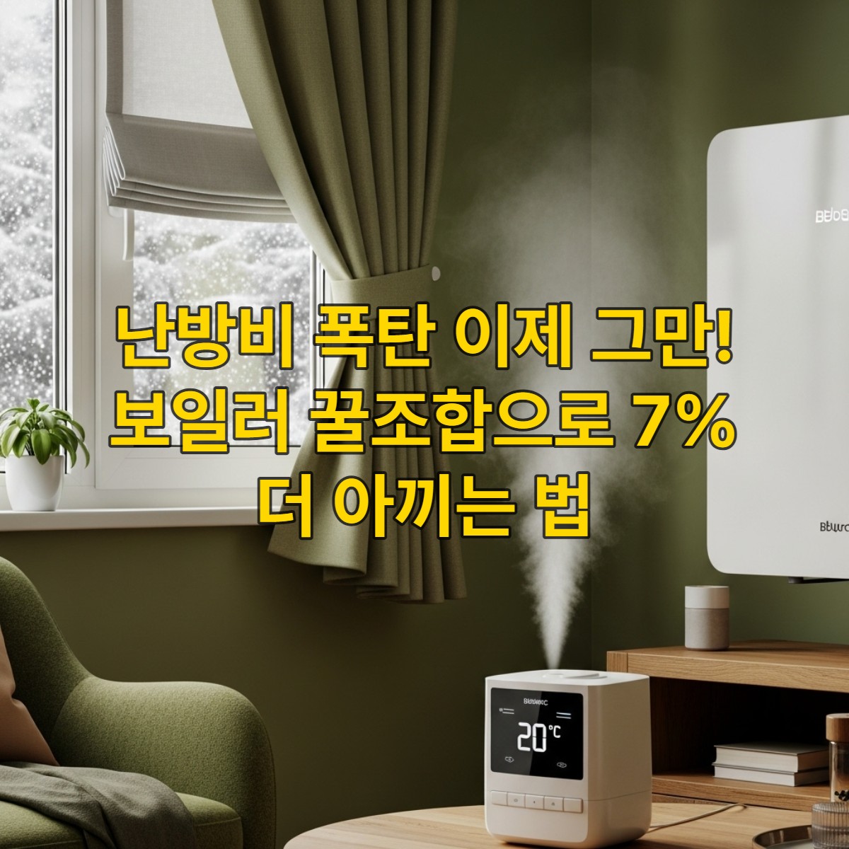 겨울철 따뜻한 거실에서 가습기가 작동하고 보일러 온도가 20&deg;C로 설정된 모습, 창밖에는 눈이 내리며 두꺼운 커튼이 쳐져 난방비 절약 비법을 시각적으로 보여줍니다.