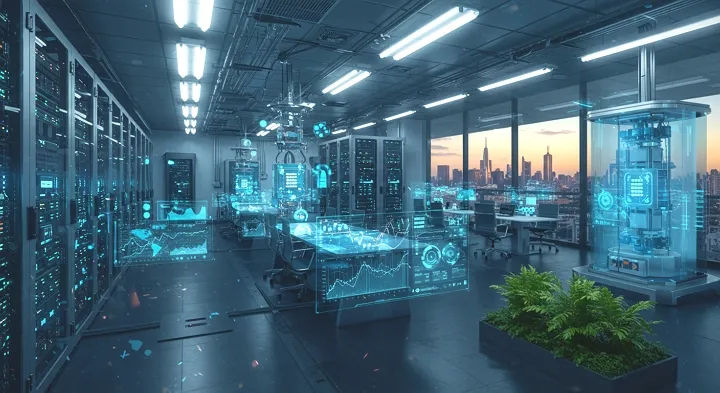 A futuristic finance data center with quantum computing technology, showcasing holographic financial data projections.