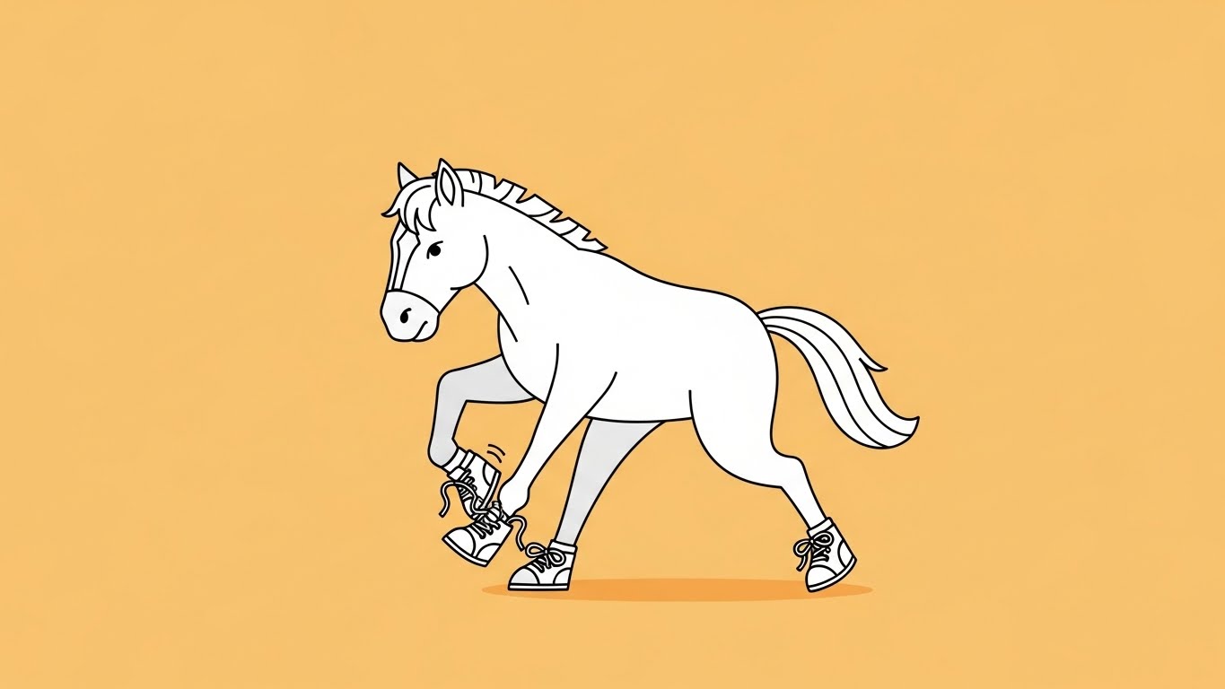 달리기를 멈추고 장비를 꼼꼼히 점검하는 규율 있는 말 캐릭터의 2D 플랫 벡터 일러스트