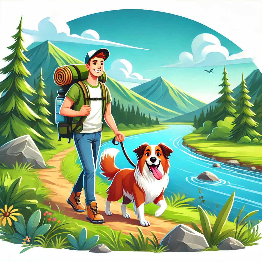 주인과 반려견이 개울가를 여행중인 일러스트